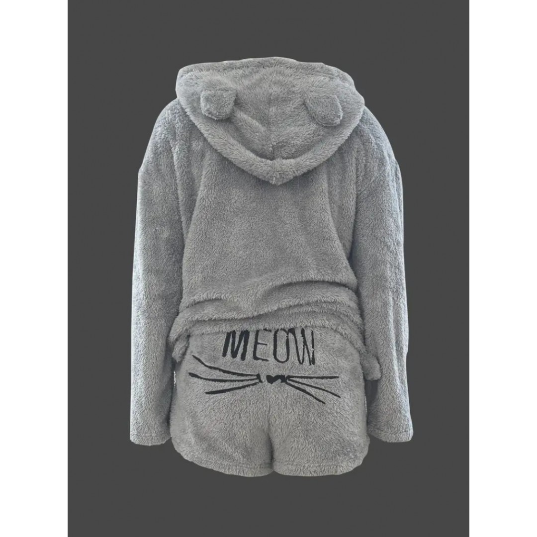 Kadın Uzun Kollu Meow Kedi Nakışlı Kapşonlu Peluş Sweat Ve Short Ikili Takım 138425 Kadın Uzun Kollu Meow Kedi Nakışlı Kapşonlu Peluş Sweat Ve Short Ikili Takım 138425