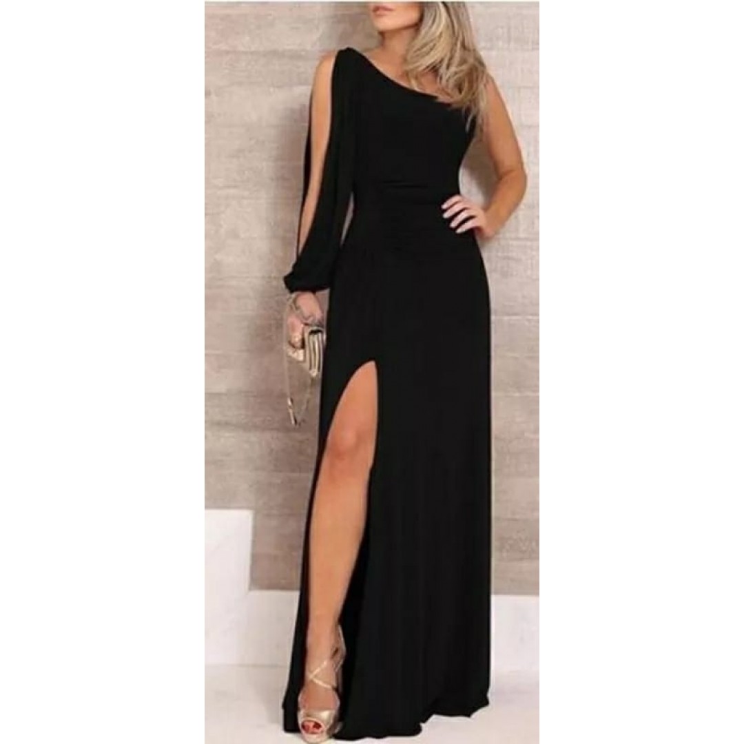Tek Omuz Açık Derin Yırtmaçlı Krep Tam Boy Elbise 48865