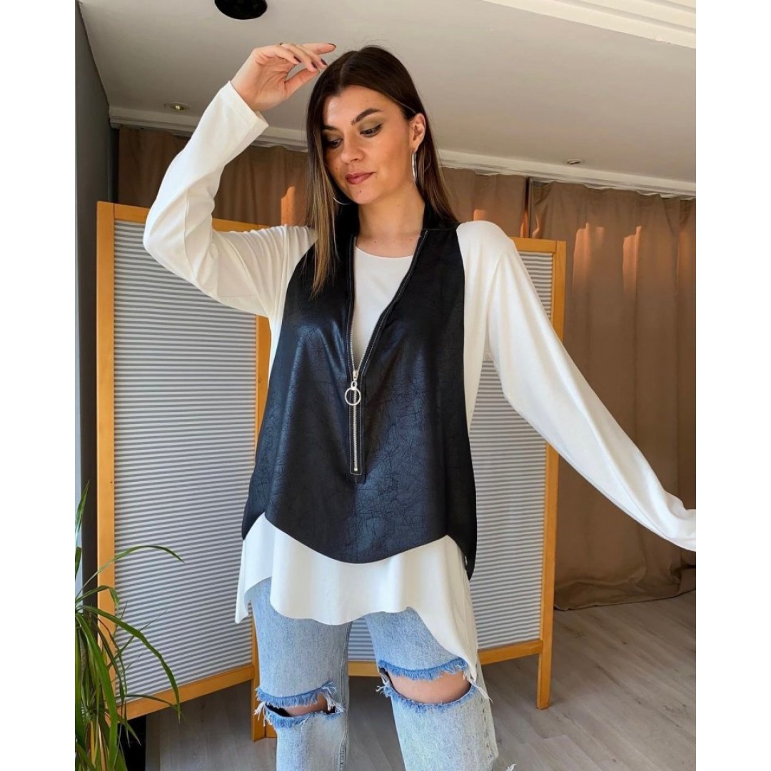 Kadın Uzun Kol Asimetrik Kesim Viskon Bluz Ve çatlak Deri Görünümlü Fermuar Detaylı Yelek Ikili Takım - 134637 Kadın Uzun Kol Asimetrik Kesim Viskon Bluz Ve çatlak Deri Görünümlü Fermuar Detaylı Yelek Ikili Takım - 134637