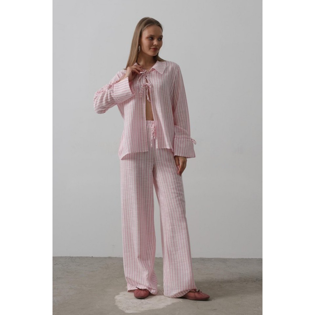 Çzgili Bağlamalı Pantolon Takım - Pembe 159739 Çzgili Bağlamalı Pantolon Takım - Pembe 159739