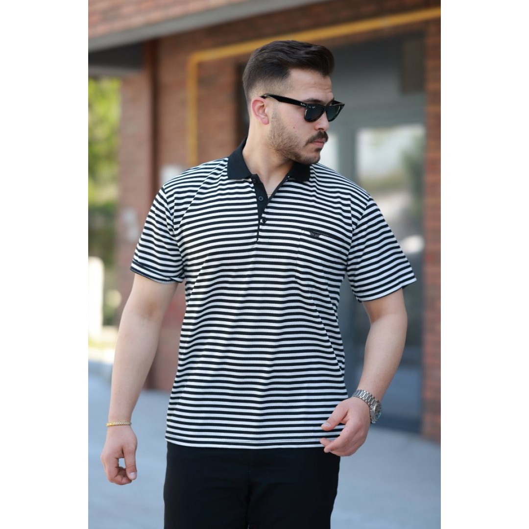 Erkek Yakalı çizgili Kısa Kollu T-shirt