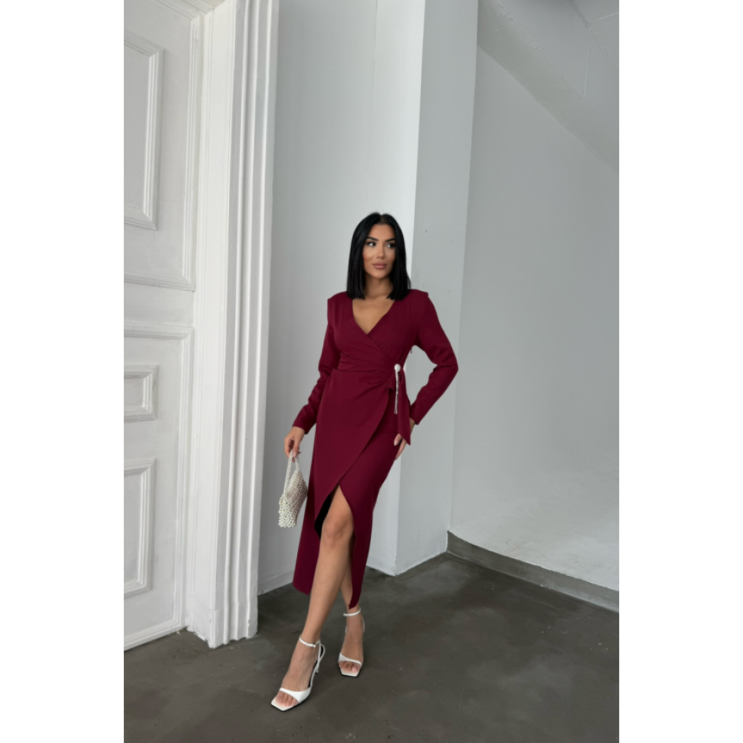 KRUVAZE BROŞ DETAYLI ELBİSE - Bordo