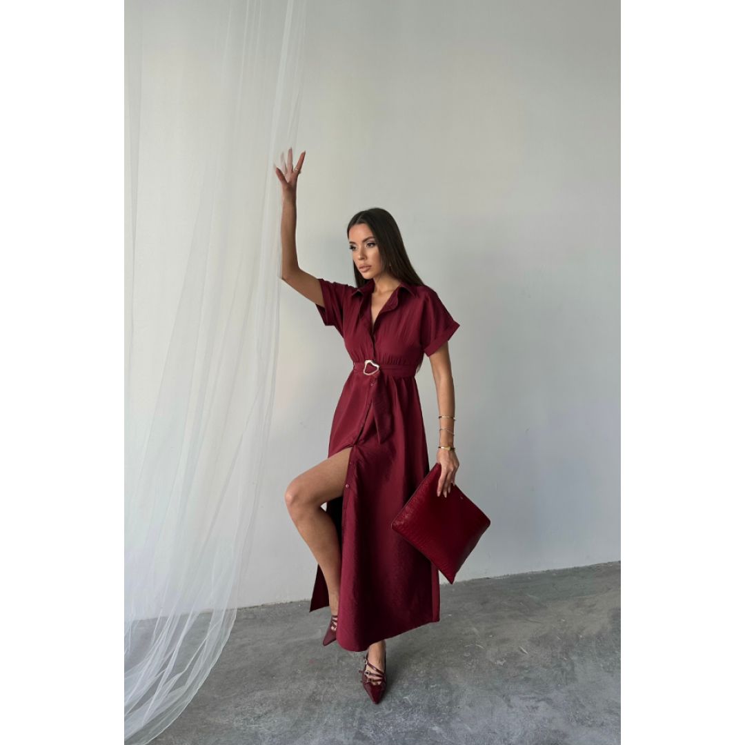 ÖNDEN DÜĞMELİ CRUSHLI MODAL ELBİSE - Bordo - 159993