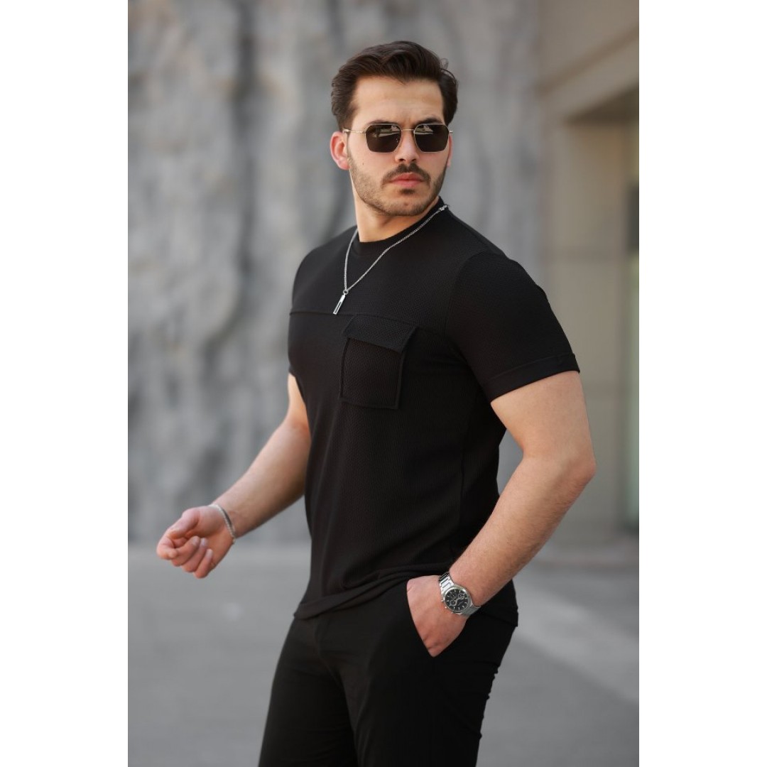 Erkek Cepli Kolyeli Kısa Kollu örme Kumaş T-shirt 159932