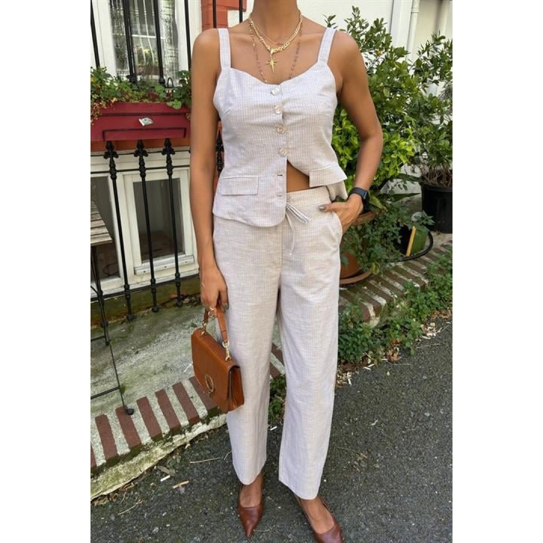Kalın Askılı Bluz Pantolon Keten Takım 10187 160568 Kalın Askılı Bluz Pantolon Keten Takım 10187 160568