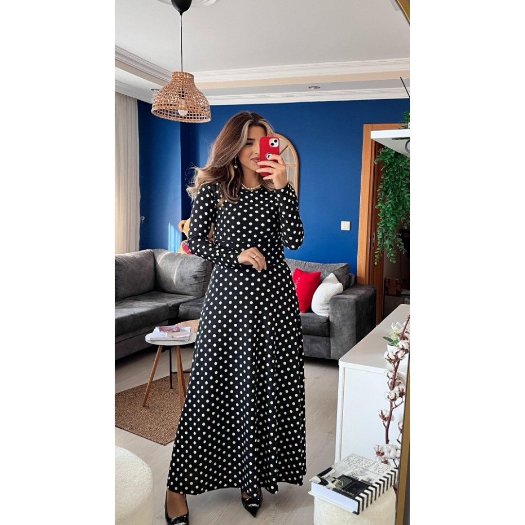 Kadın Krep Kumaş Uzun Kollu Tam Boy Puantiyeli Elbise 132 Cm - 138572 Kadın Krep Kumaş Uzun Kollu Tam Boy Puantiyeli Elbise 132 Cm - 138572