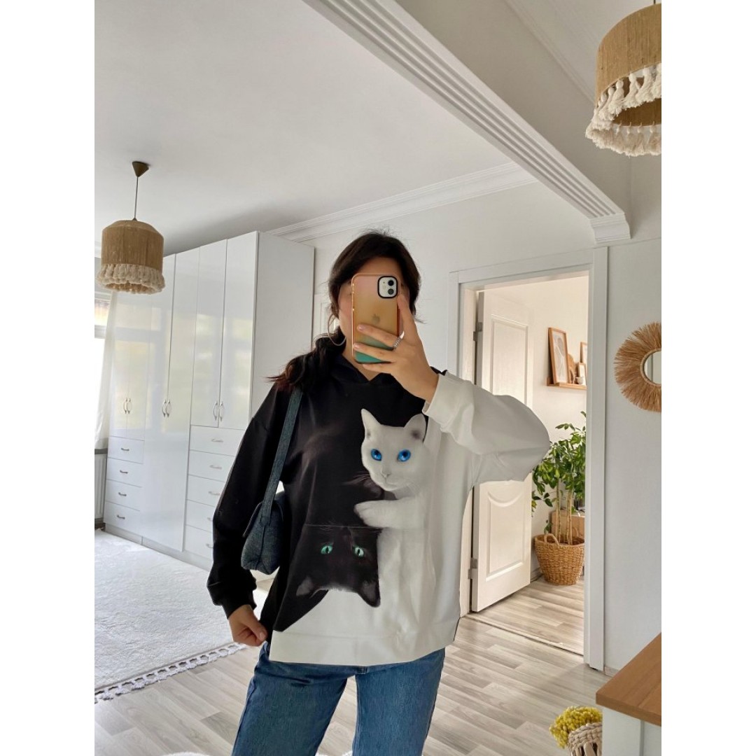 Kadın Uzun Kollu Kapşonlu Bağcıklı Kedi Desenli şardonlu Dalgıç Bluz - 134701 Kadın Uzun Kollu Kapşonlu Bağcıklı Kedi Desenli şardonlu Dalgıç Bluz - 134701