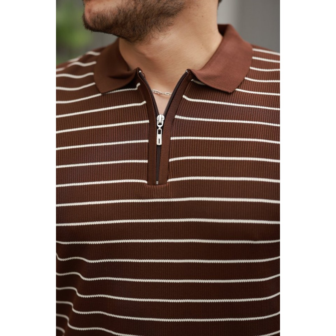 Erkek Fermuar Yakalı çizgili Kısa Kollu T-shirt 160698 Erkek Fermuar Yakalı çizgili Kısa Kollu T-shirt 160698