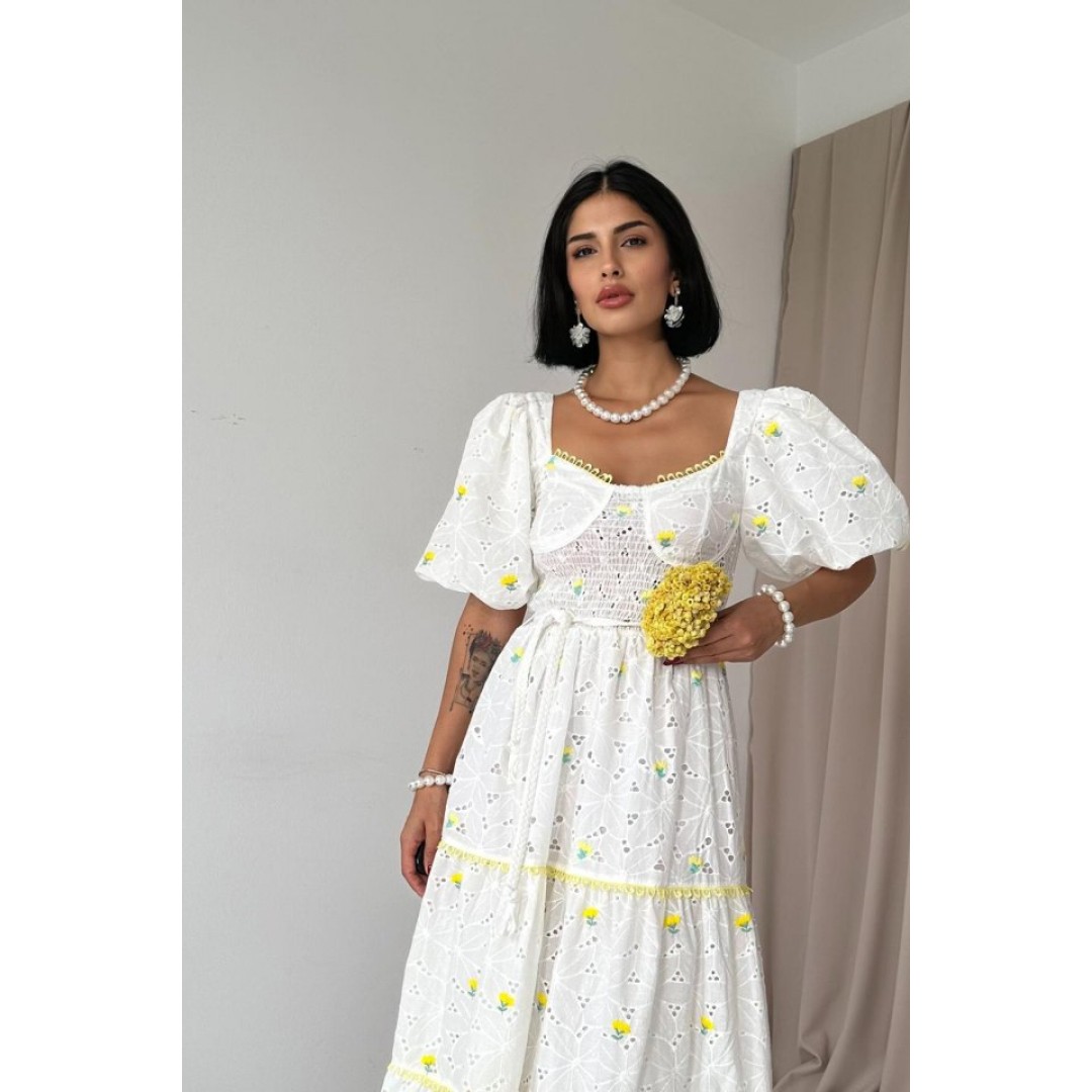 Sarı Dantel Detaylı Brode Elbise 153659 Sarı Dantel Detaylı Brode Elbise 153659