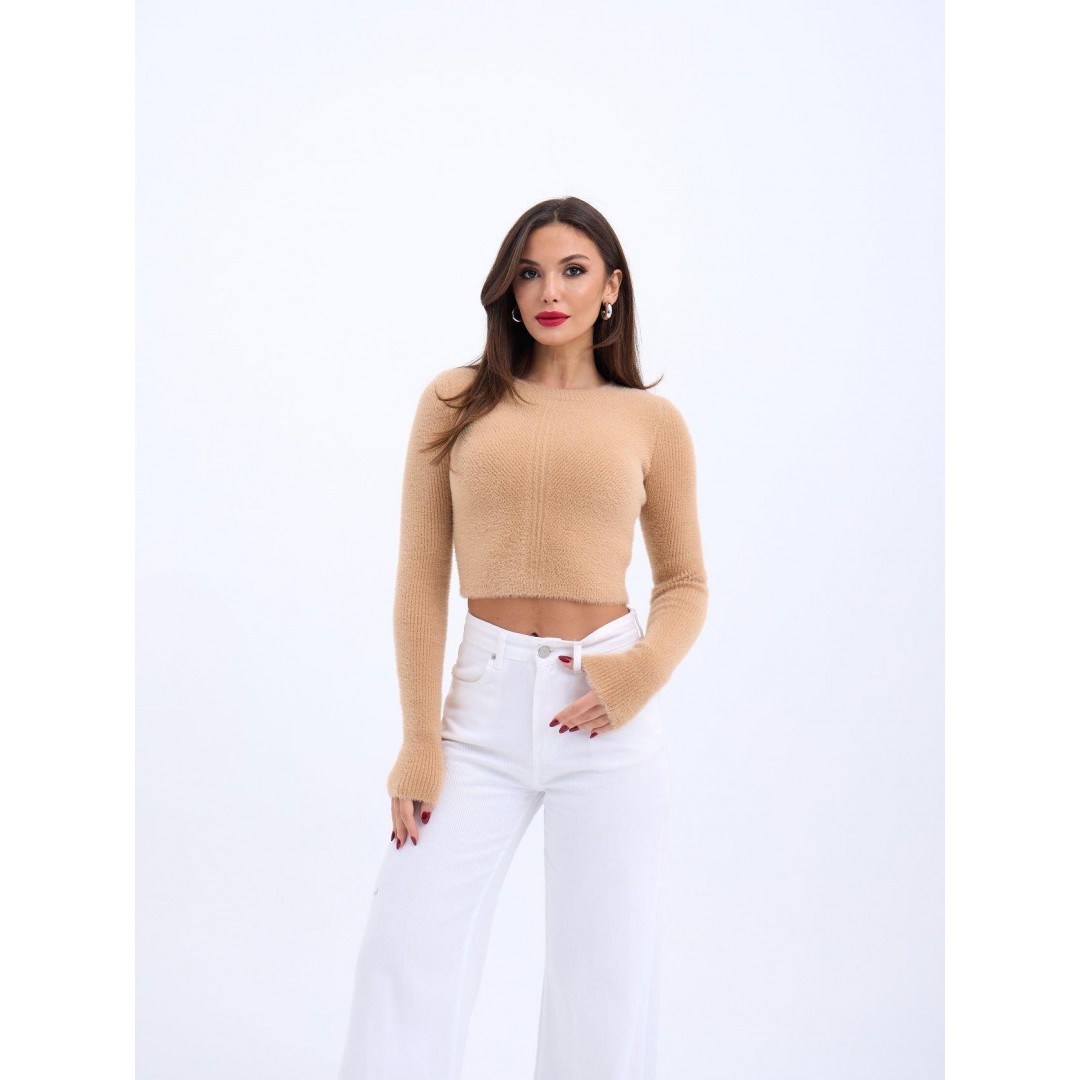 42471 TRİKO CROP KAZAK-BEJ