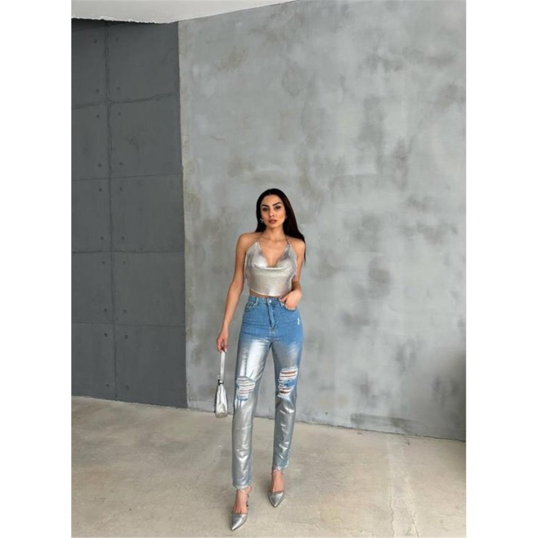 DİZ YIRTIK VARAKLI MOM KOT PANTOLON - Gümüş 150439 DİZ YIRTIK VARAKLI MOM KOT PANTOLON - Gümüş 150439