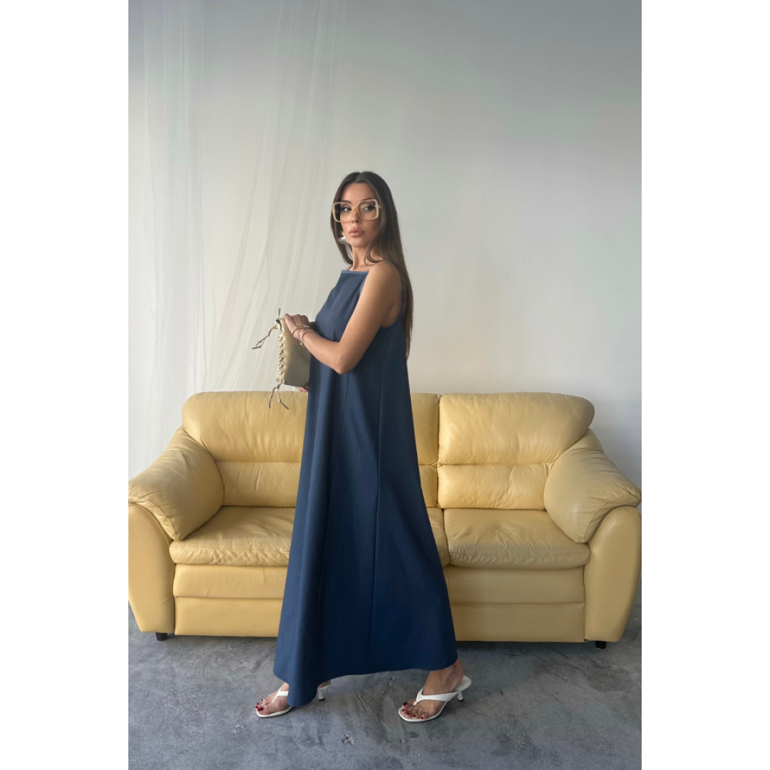 TENCEL KOLSUZ SALAŞ ELBİSE - İndigo - 159985 TENCEL KOLSUZ SALAŞ ELBİSE - İndigo - 159985