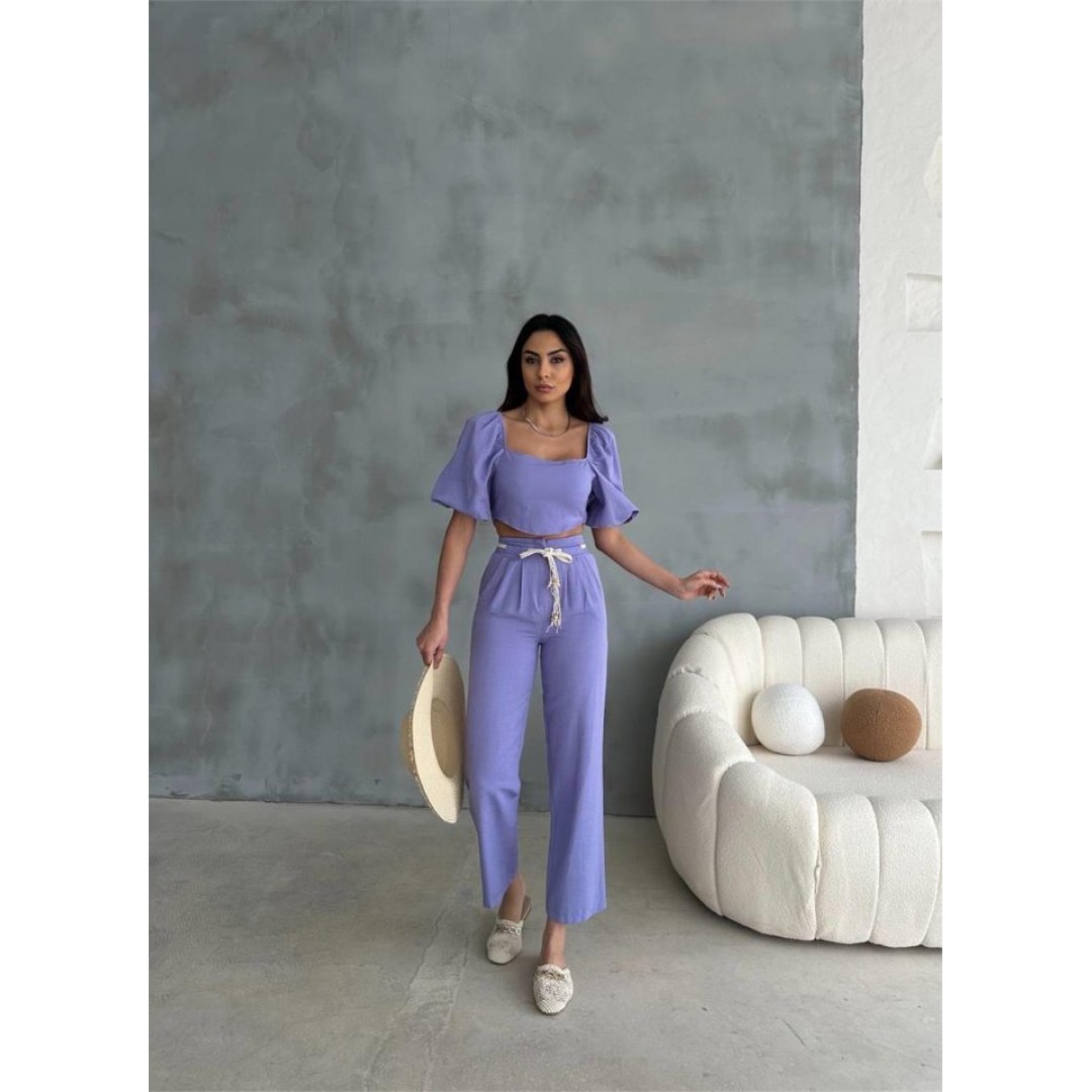 KETEN CROP KARPUZ KOL BLUZ-PANTOLON HASIR KEMERLİ - Mor - 150151 KETEN CROP KARPUZ KOL BLUZ-PANTOLON HASIR KEMERLİ - Mor - 150151