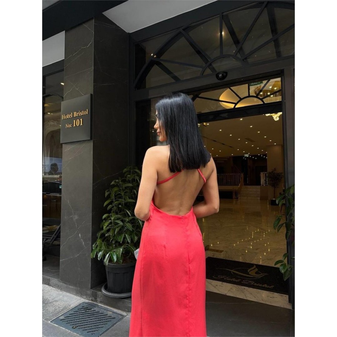 ASKILI SATEN ELBİSE İKİ YAN YIRTMAÇLI - Mercan - 152042 ASKILI SATEN ELBİSE İKİ YAN YIRTMAÇLI - Mercan - 152042