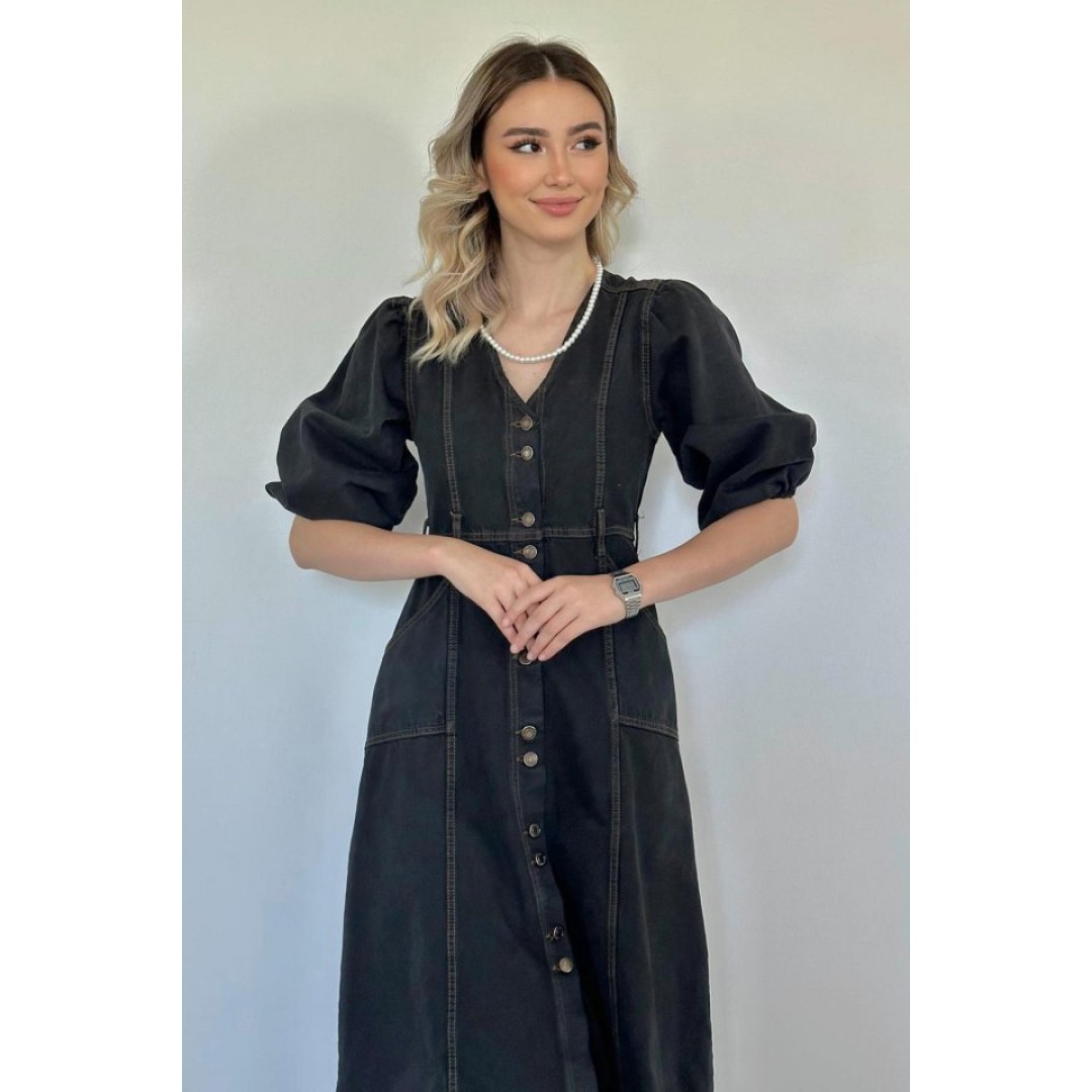 Siyah Balon Kol Kot Elbise - 151728 Siyah Balon Kol Kot Elbise - 151728