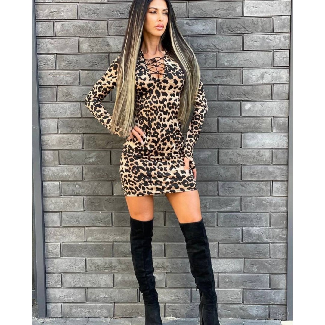 Kadın örme Viskon Kumaş Leopar Desenli çapraz Göğüs Detay Mini Boy Elbise - 131365 Kadın örme Viskon Kumaş Leopar Desenli çapraz Göğüs Detay Mini Boy Elbise - 131365