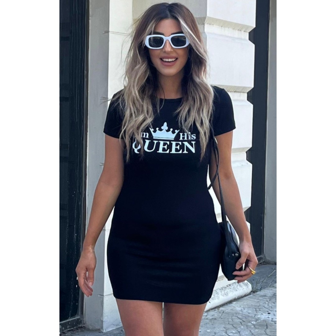 Kadın Kısa Kollu Queen Baskı Iki Iplik Mini Elbise - 162058