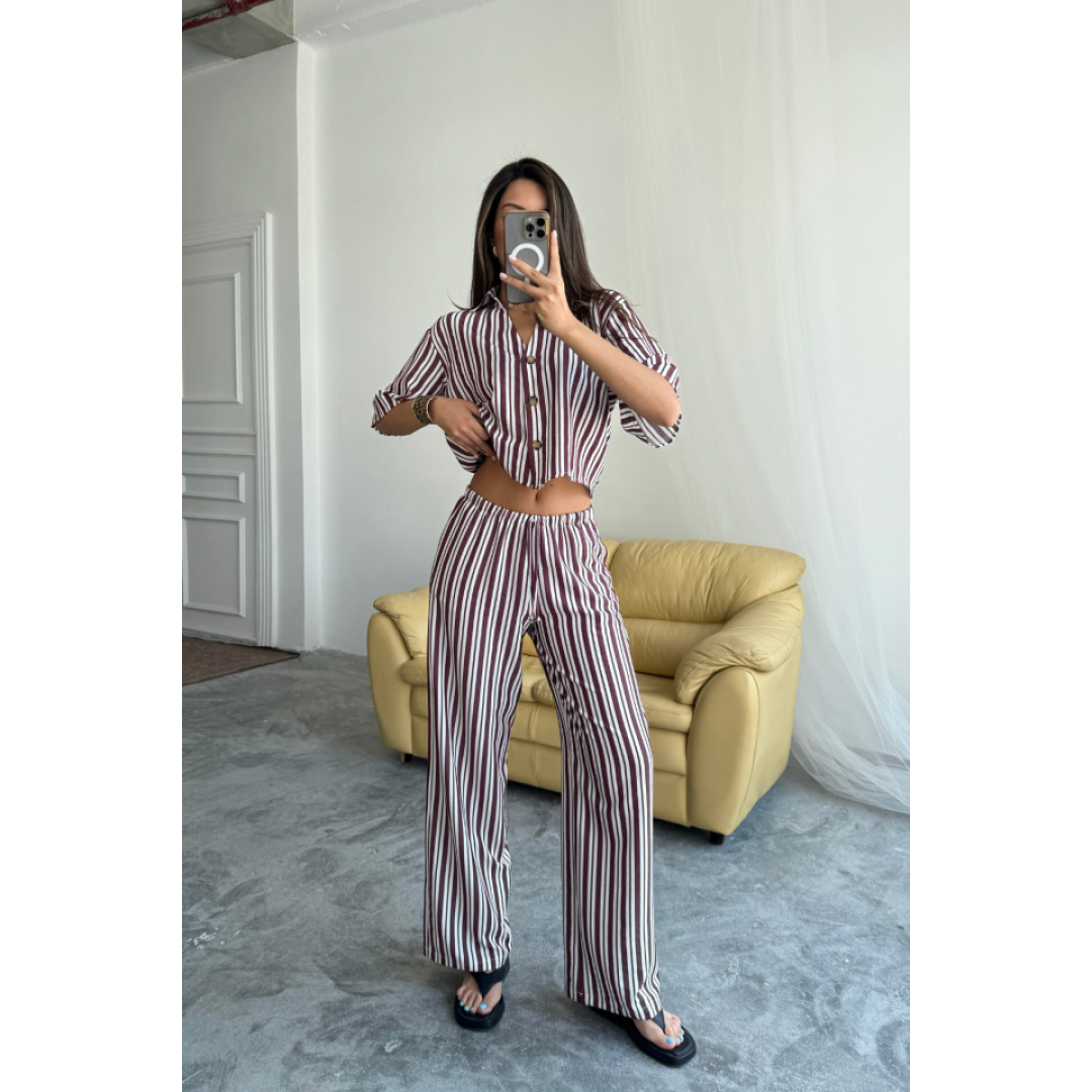ÇİZGİLİ CROP GÖMLEK - SALAŞ PANTOLON TAKIM MODAL - Bordo 159502