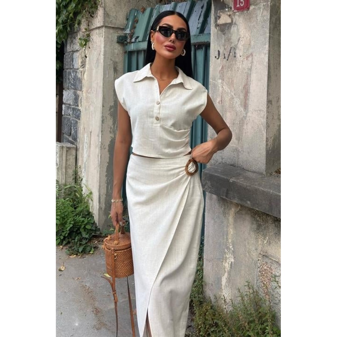 Bluzu Büzgülü Ve Eteği Tokalı Keten Takım 10204 162540