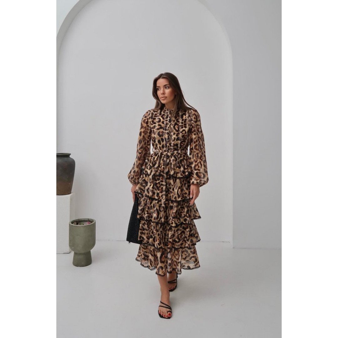 Leopar Volanlı Şeritli Uzun Elbise 162880 Leopar Volanlı Şeritli Uzun Elbise 162880