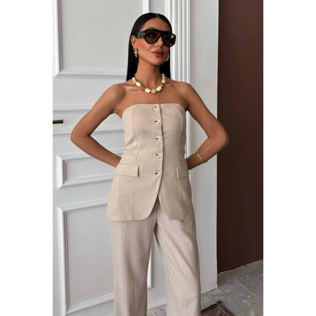 Straplez Büstiyerli Plazzo Pantolonlu Çizgili Takım 10151 159269 Straplez Büstiyerli Plazzo Pantolonlu Çizgili Takım 10151 159269