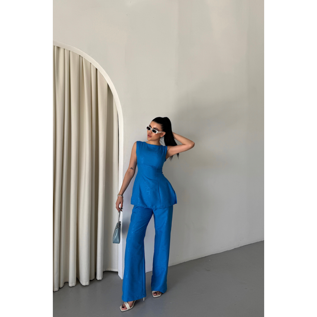 JAKAR KETEN KOLSUZ BLUZ-PANTOLON TK - Mavi 154162 JAKAR KETEN KOLSUZ BLUZ-PANTOLON TK - Mavi 154162