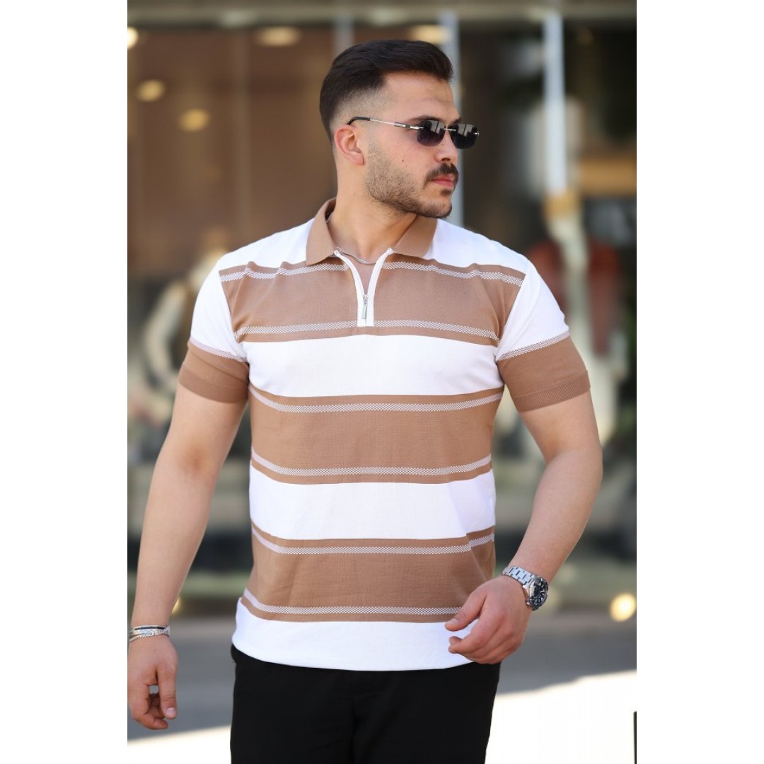 Erkek Yakalı Fermuarlı çift Renk Kısa Kollu T-shirt