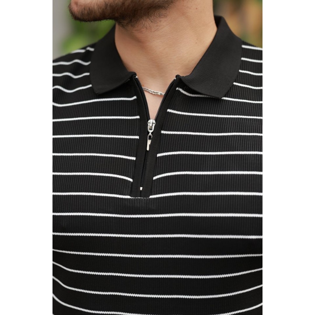 Erkek Fermuar Yakalı çizgili Kısa Kollu T-shirt 160701 Erkek Fermuar Yakalı çizgili Kısa Kollu T-shirt 160701