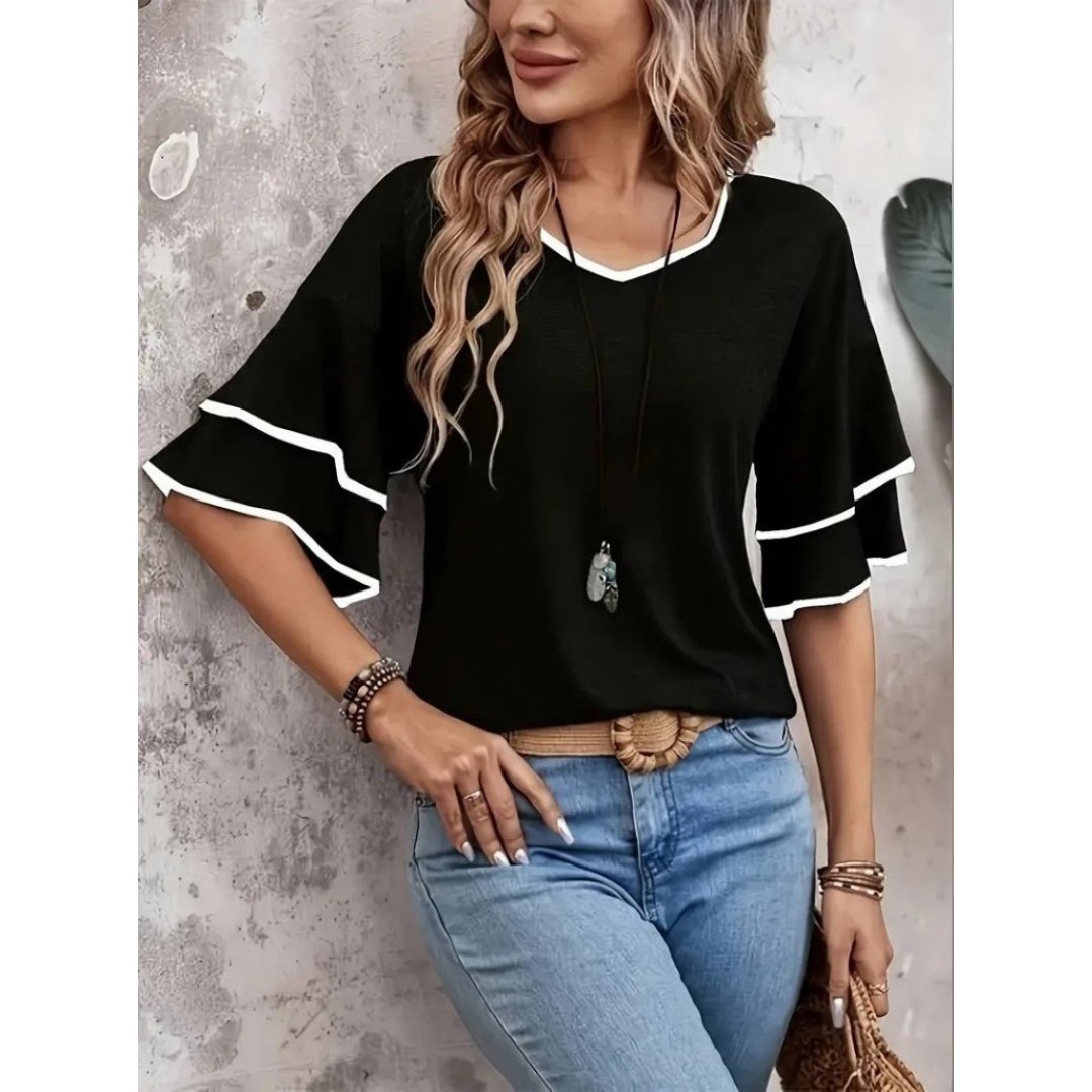 Kadın Kısa Kollu V Yakalı Viskon Bluz - 161142 Kadın Kısa Kollu V Yakalı Viskon Bluz - 161142