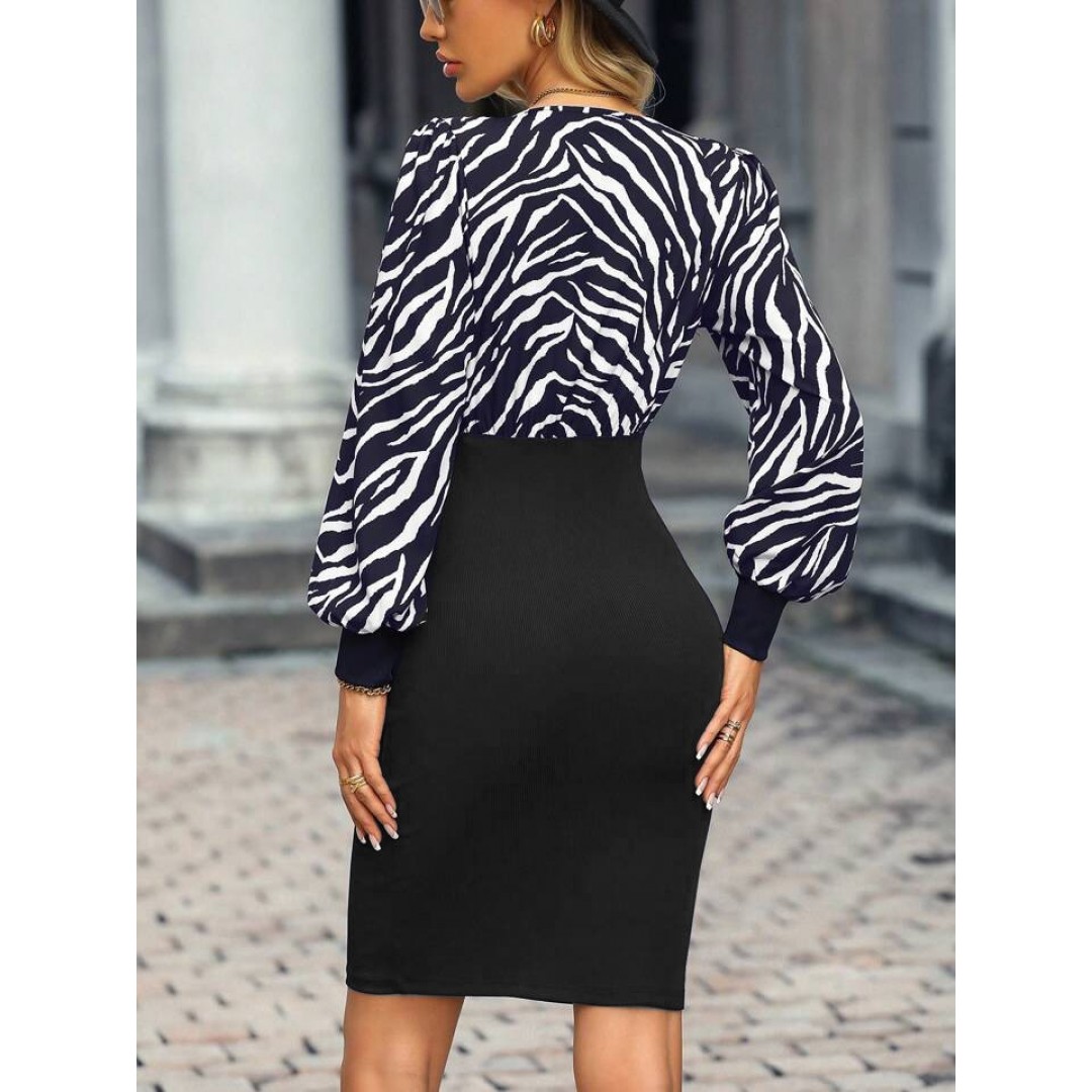 Kadın Uzun Kollu Kruvaze Yakalı Zebra Desenli Kısa Krep Elbise - 141277 Kadın Uzun Kollu Kruvaze Yakalı Zebra Desenli Kısa Krep Elbise - 141277