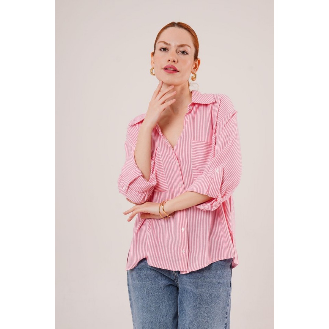 Yarasa Kol Çizgili Cep Detaylı Pembe Gömlek 149583 Yarasa Kol Çizgili Cep Detaylı Pembe Gömlek 149583