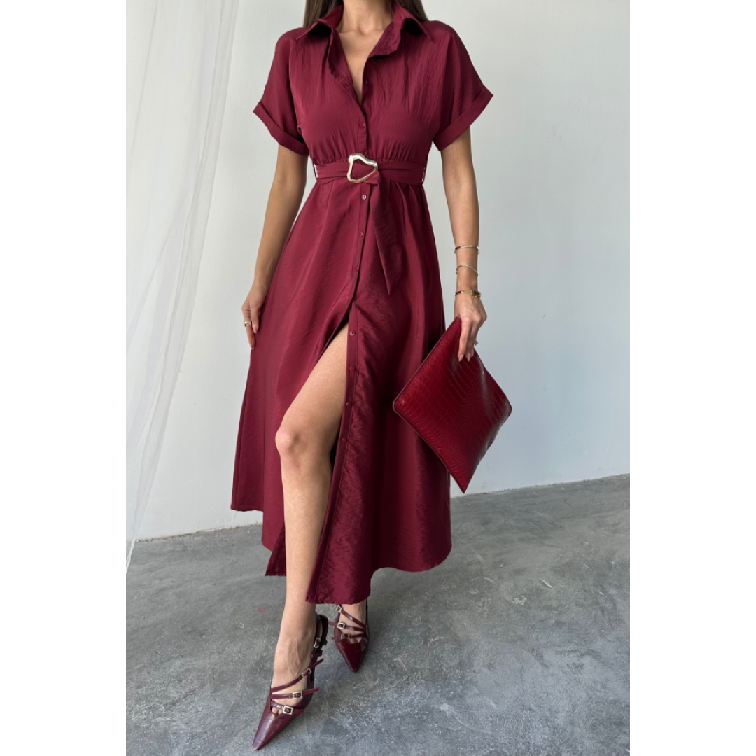 ÖNDEN DÜĞMELİ CRUSHLI MODAL ELBİSE - Bordo - 159993