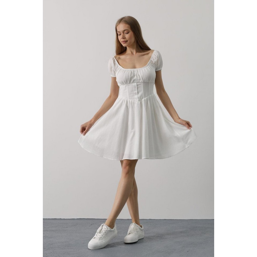 Beli Korseli Mini Elbise - Beyaz - 162835 Beli Korseli Mini Elbise - Beyaz - 162835
