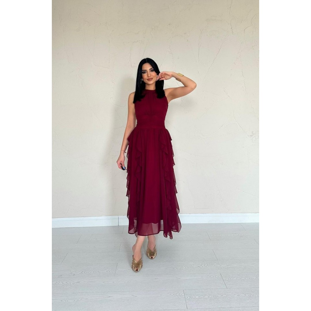 Bordo Önü Büzgülü Fırfırlı Elbise - 157461 Bordo Önü Büzgülü Fırfırlı Elbise - 157461