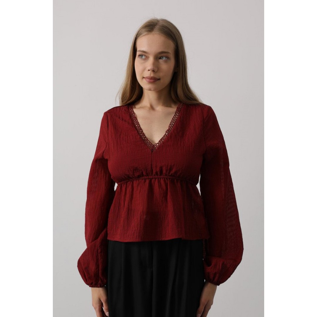 V Yaka Dantelli Bluz - Bordo 162845 V Yaka Dantelli Bluz - Bordo 162845