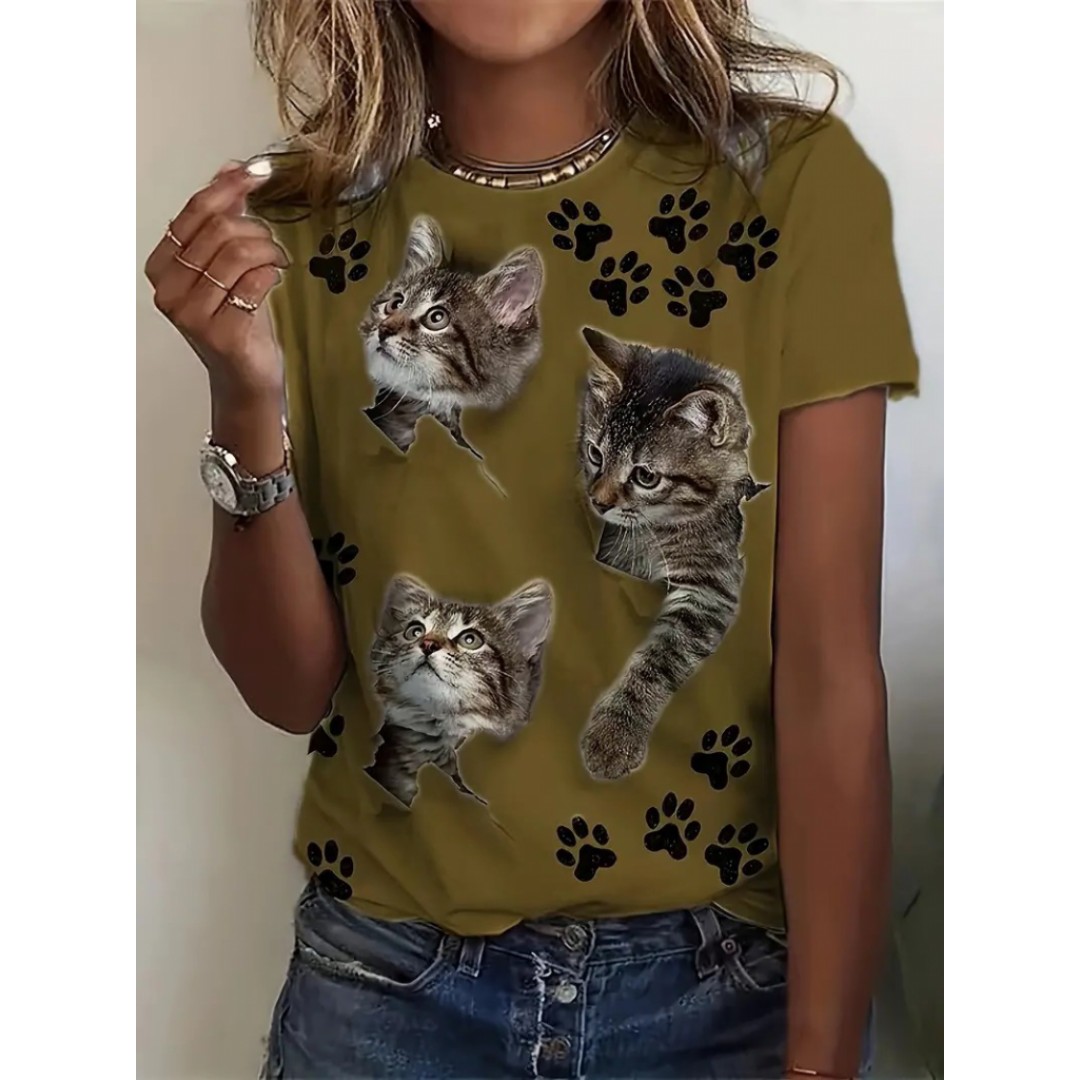 Kadın Kısa Kollu Kedi Ve Pati Baskılı Süprem T-shirt 157608