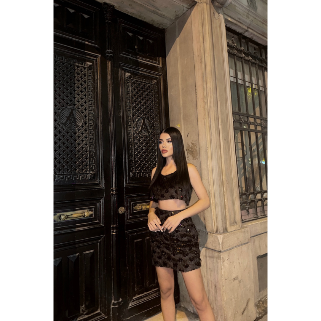 PÜSKÜL PAYET CROP BLUZ-KISA ETEK TAKIM - Siyah 153422 PÜSKÜL PAYET CROP BLUZ-KISA ETEK TAKIM - Siyah 153422