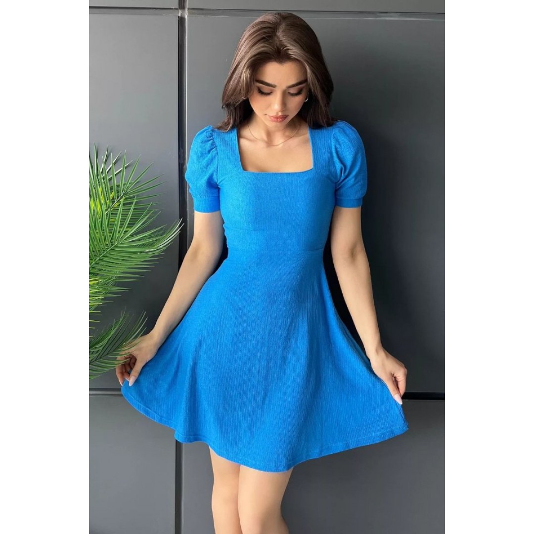 İndigo Kare Yaka Örme Mini Elbise - 145215 İndigo Kare Yaka Örme Mini Elbise - 145215