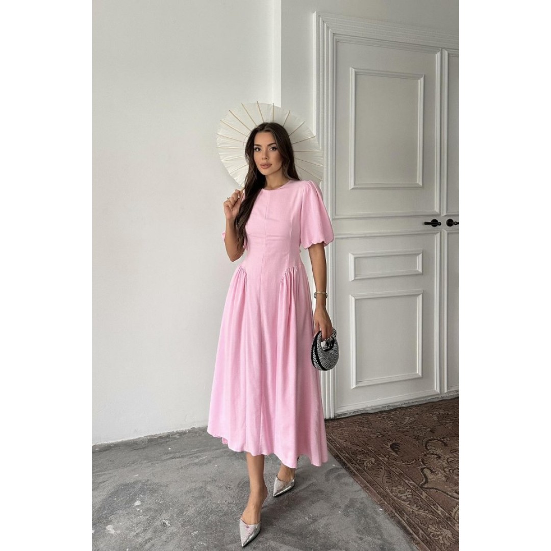 Pembe Arkadan Bağlamalı Büzgülü Keten Elbise 161943 Pembe Arkadan Bağlamalı Büzgülü Keten Elbise 161943