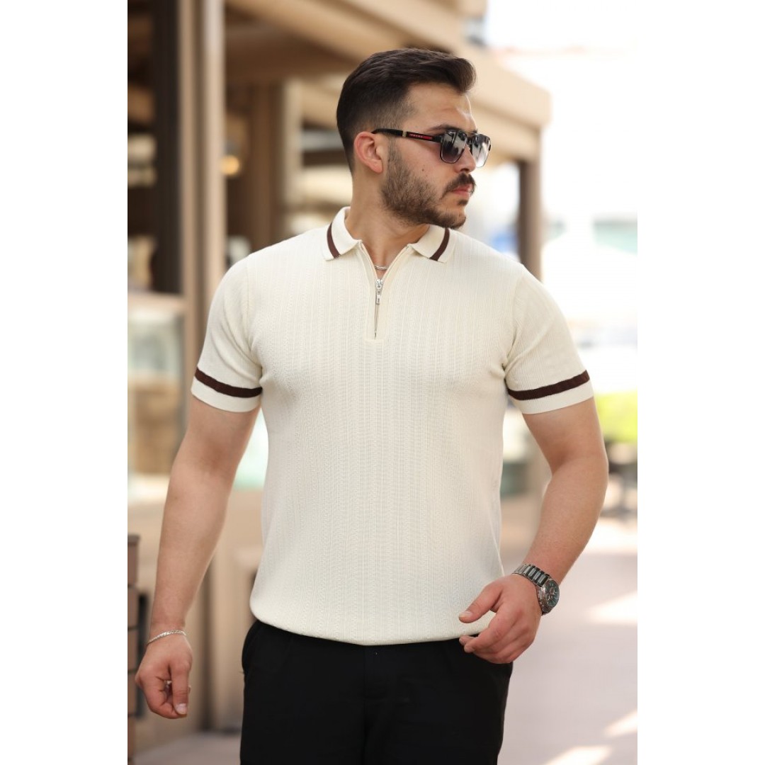 Erkek Yaka Ve Kolları çizgi Detaylı Fermuarlı Kısa Kollu T-shirt