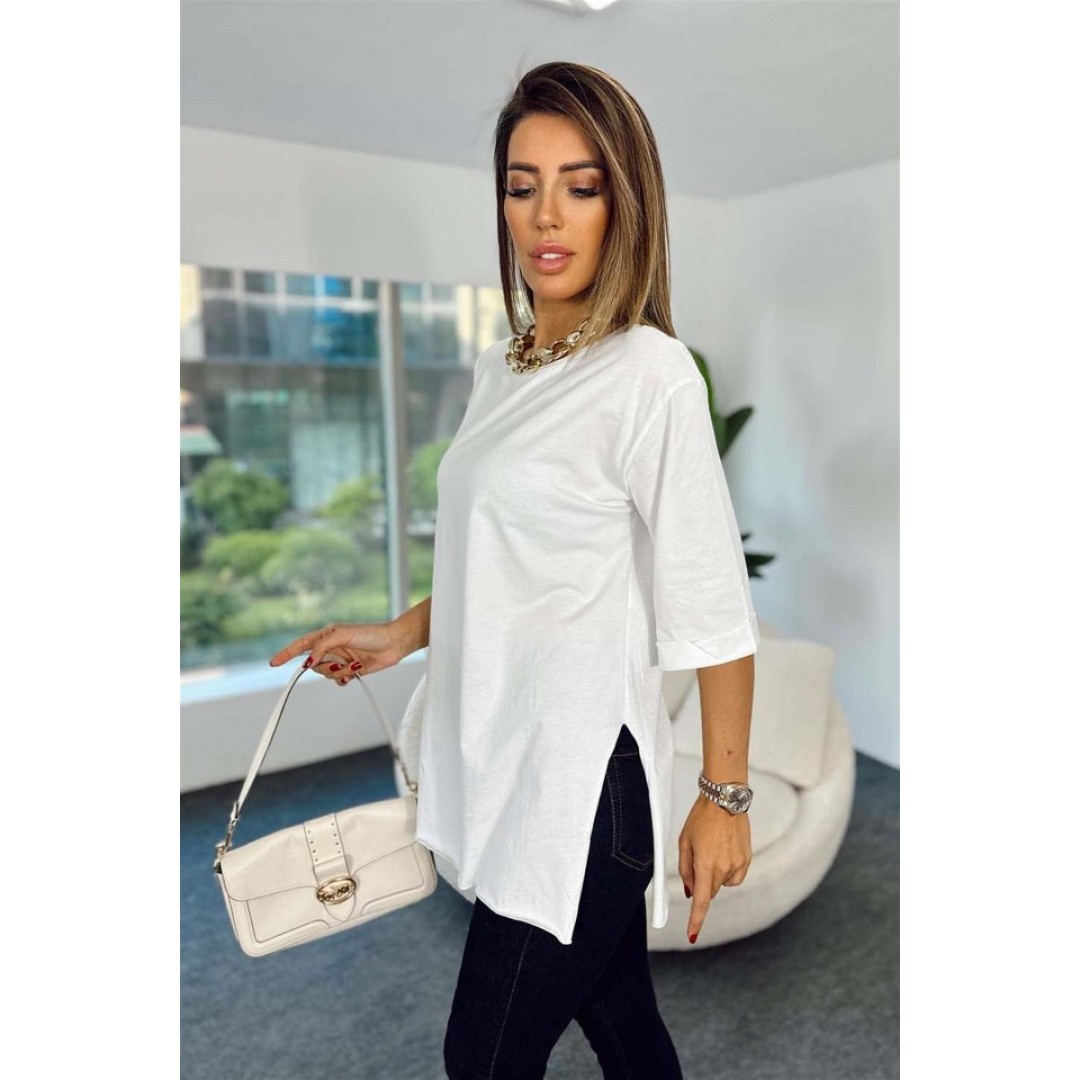 4123 Yırtmaçlı Oversize Tişört - Beyaz 144758 4123 Yırtmaçlı Oversize Tişört - Beyaz 144758