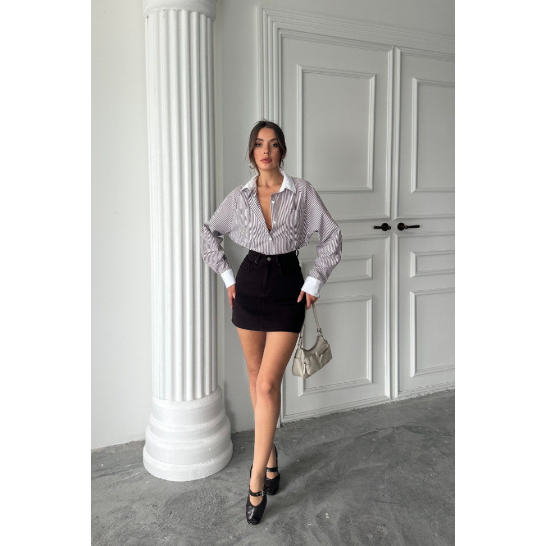 YAKA VE MANŞET BEYAZ BOYFRİEND ÇİZGİLİ POPLİN GÖMLEK - Kahverengi 160814 YAKA VE MANŞET BEYAZ BOYFRİEND ÇİZGİLİ POPLİN GÖMLEK - Kahverengi 160814