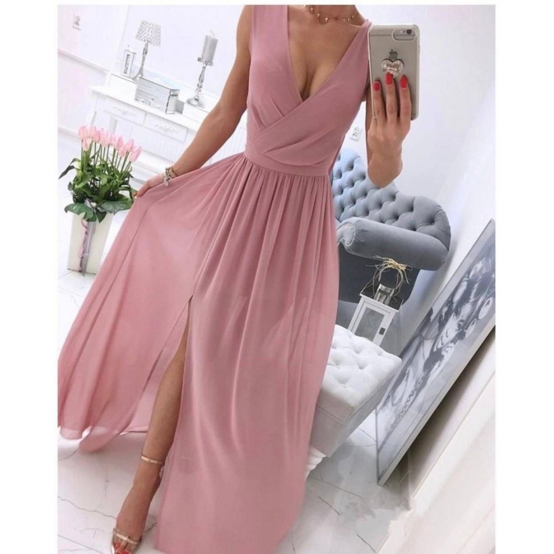 Kadın şifon Kumaş V Yaka Sıfır Kol Maxi Boy Elbise 160868 Kadın şifon Kumaş V Yaka Sıfır Kol Maxi Boy Elbise 160868