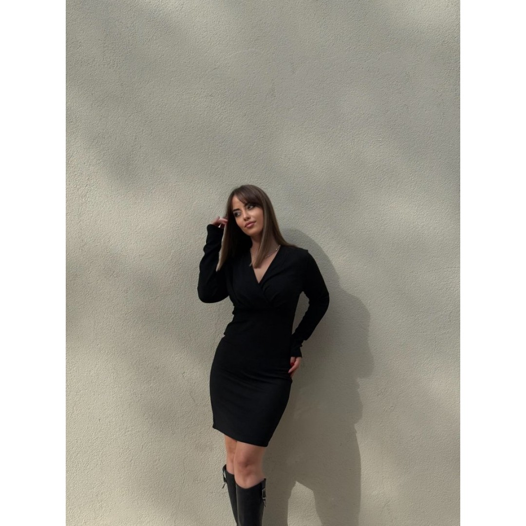 Kadın Uzun Kollu Kruvaze Yaka Krep Mini Boy Elbise - 135254 Kadın Uzun Kollu Kruvaze Yaka Krep Mini Boy Elbise - 135254