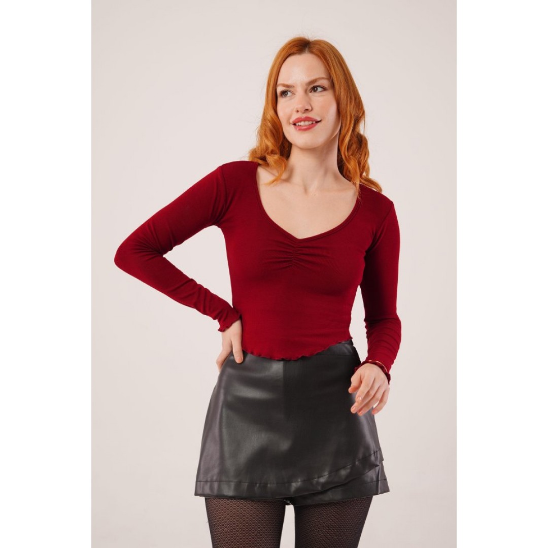Geniş Yaka Bordo Basic Body Bluz
