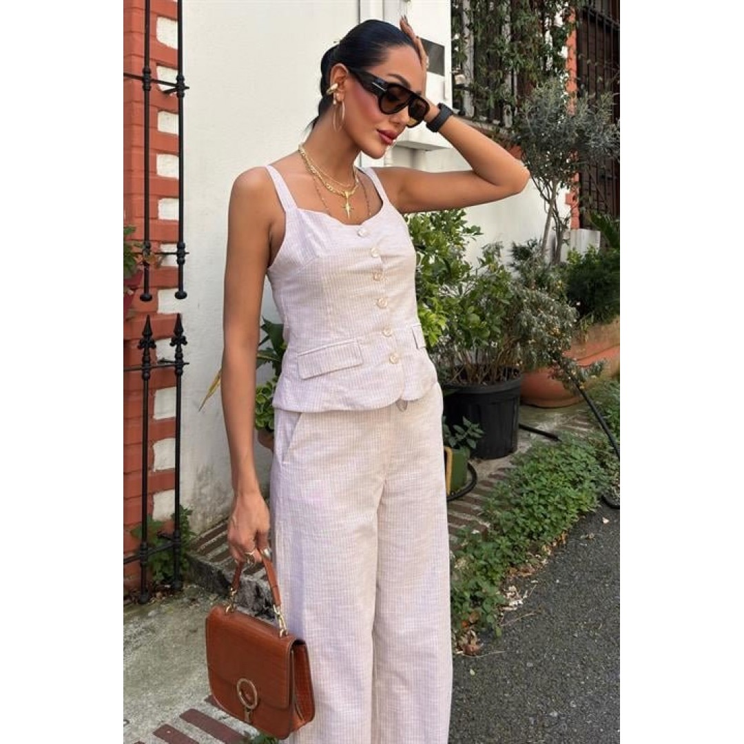 Kalın Askılı Bluz Pantolon Keten Takım 10187 160568 Kalın Askılı Bluz Pantolon Keten Takım 10187 160568