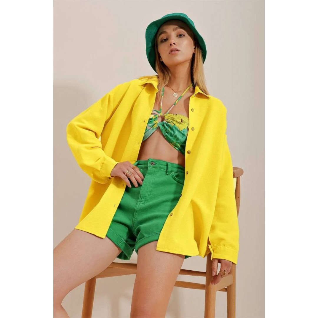 Kadın Keten Kumaş Oversize Gömlek - 159585 Kadın Keten Kumaş Oversize Gömlek - 159585
