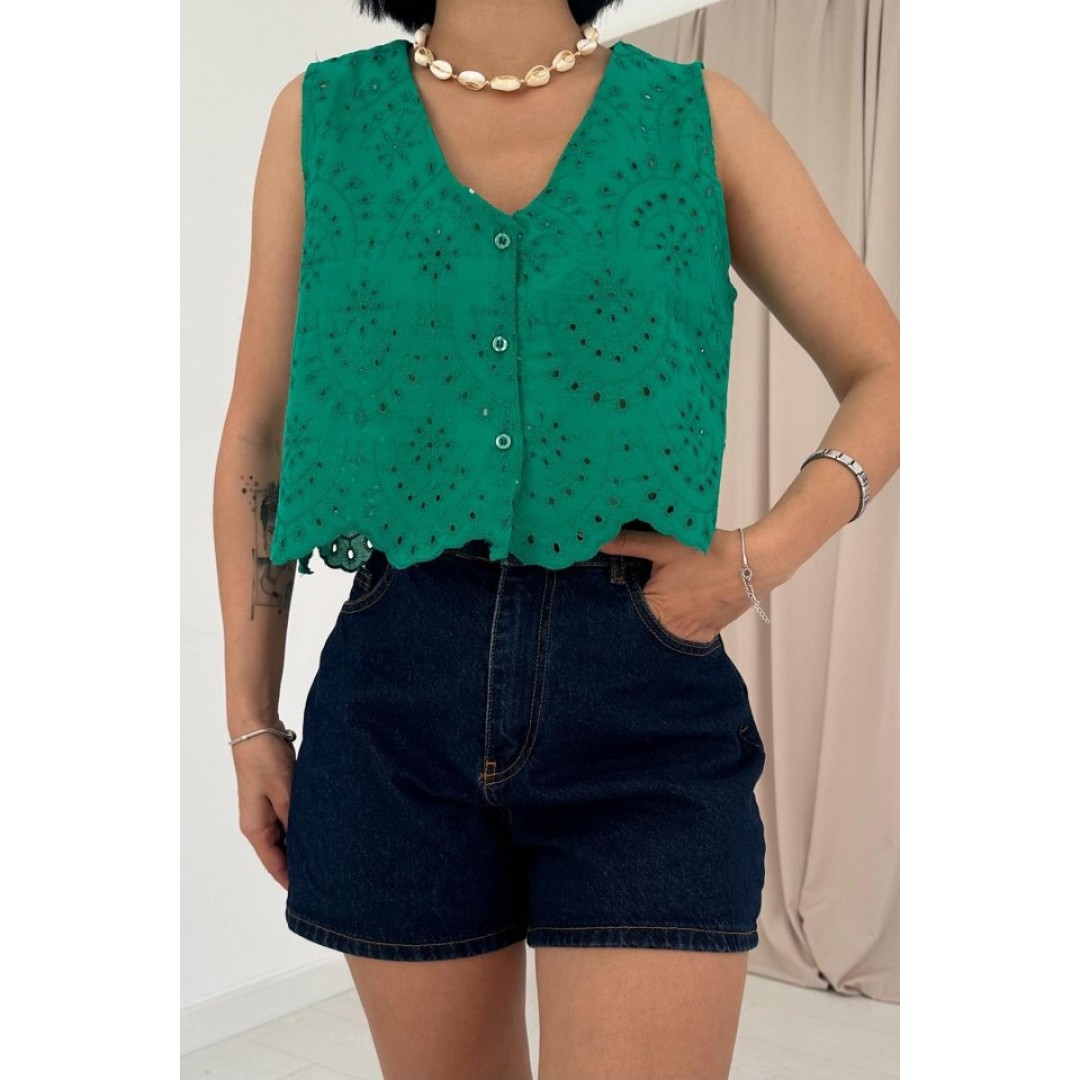 Yeşil Sıfır Kol Brode Bluz 153477 Yeşil Sıfır Kol Brode Bluz 153477