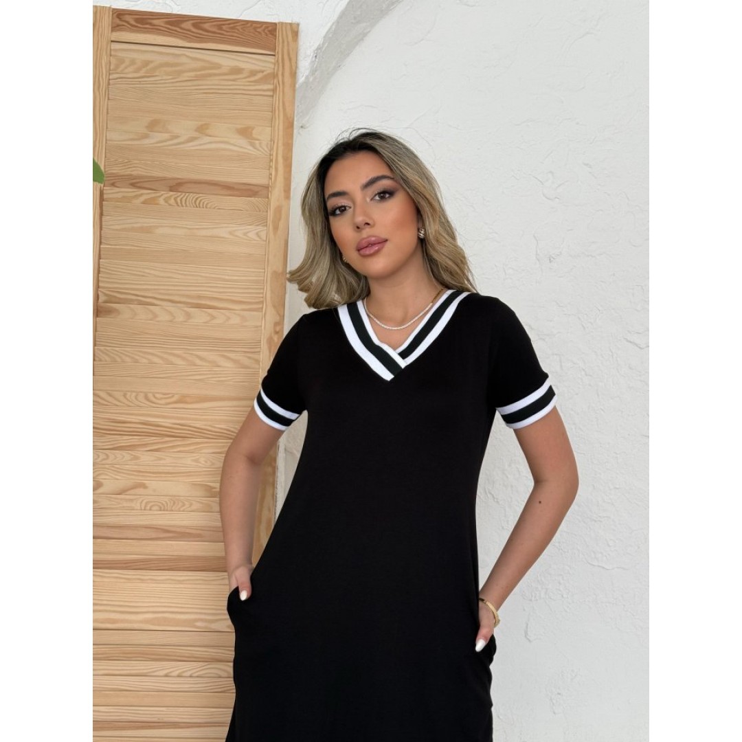 Kadın Kısa Kollu V Yaka Kol Ve Yaka Ribana Detay Midi Boy Viskon Elbise - 155122 Kadın Kısa Kollu V Yaka Kol Ve Yaka Ribana Detay Midi Boy Viskon Elbise - 155122