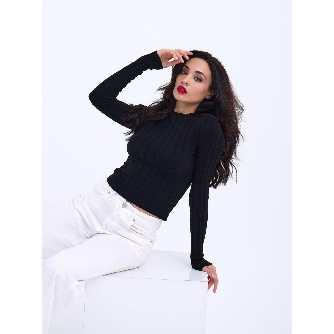 42491 TRİKO SAÇ ÖRGÜ CROP KAZAK-SİYAH 144000